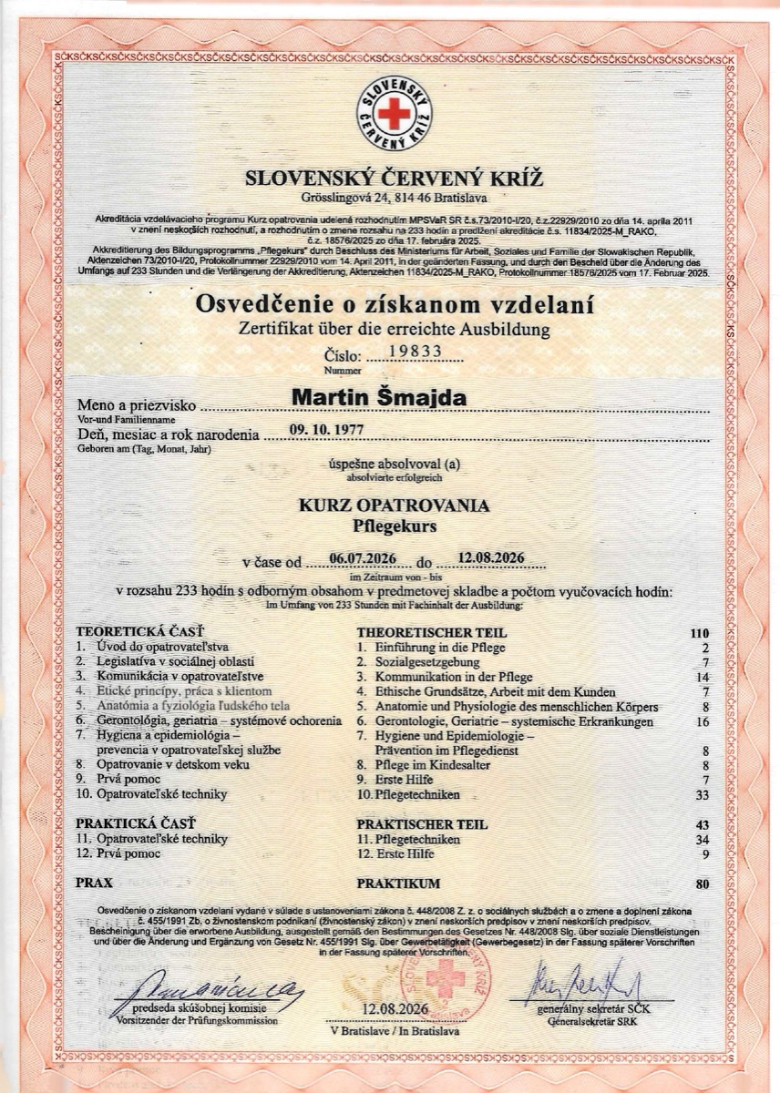 Náhľad osvedčenia o absolvovaní Kurzu opatrovania