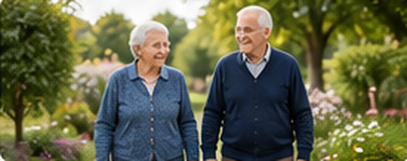 Senior a seniorka počas spoločnej prechádzky v záhrade